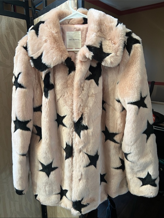 Avec Les Filles Jackets & Blazers - Avec Les Filles Blush Pink Faux Fur Coat with Black Star Print